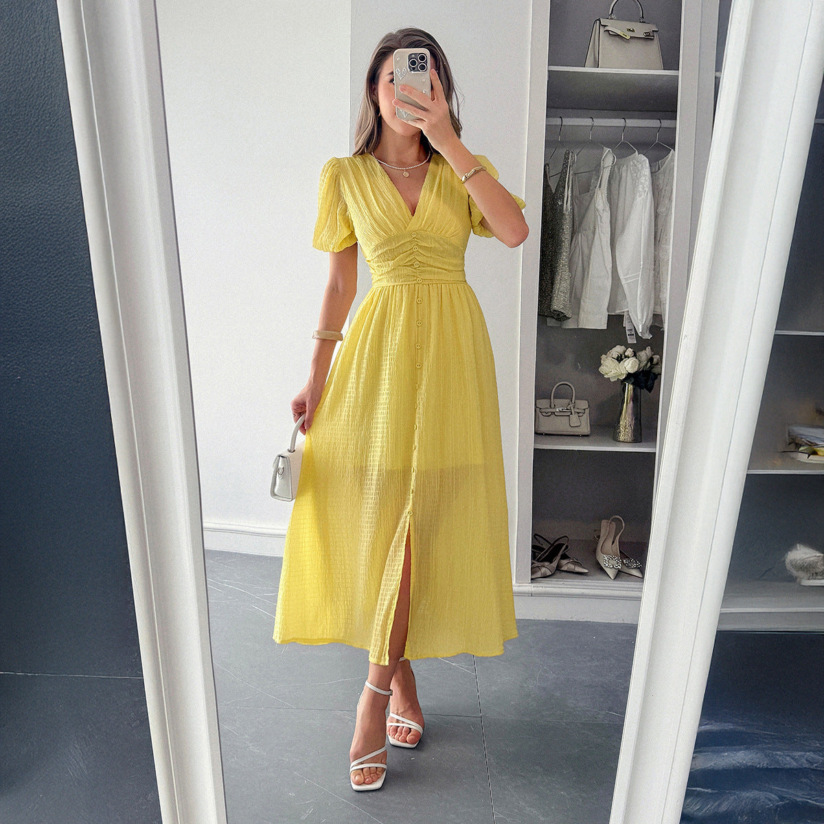 Vestido maxi de manga curta profundo em V com elegante talento de férias