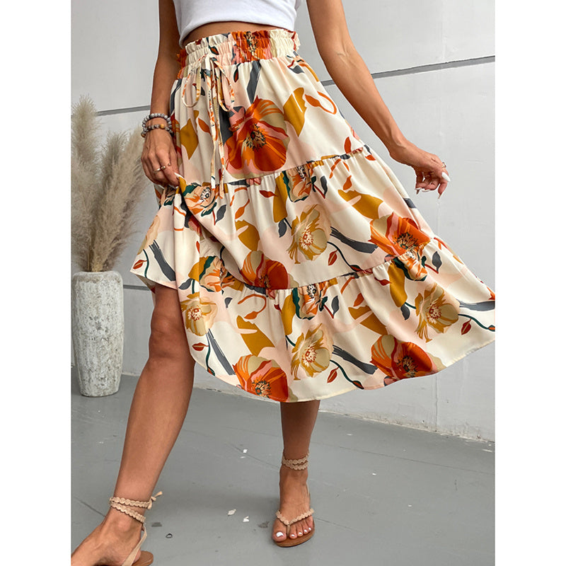 Floral Tiered Midi Skirt With Elastic Waist For Boho Charm