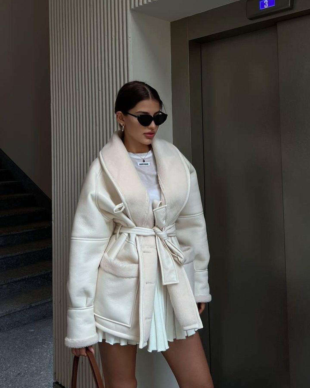 Korean Style Faux Leather Fur Splice Midlength Women's Coat