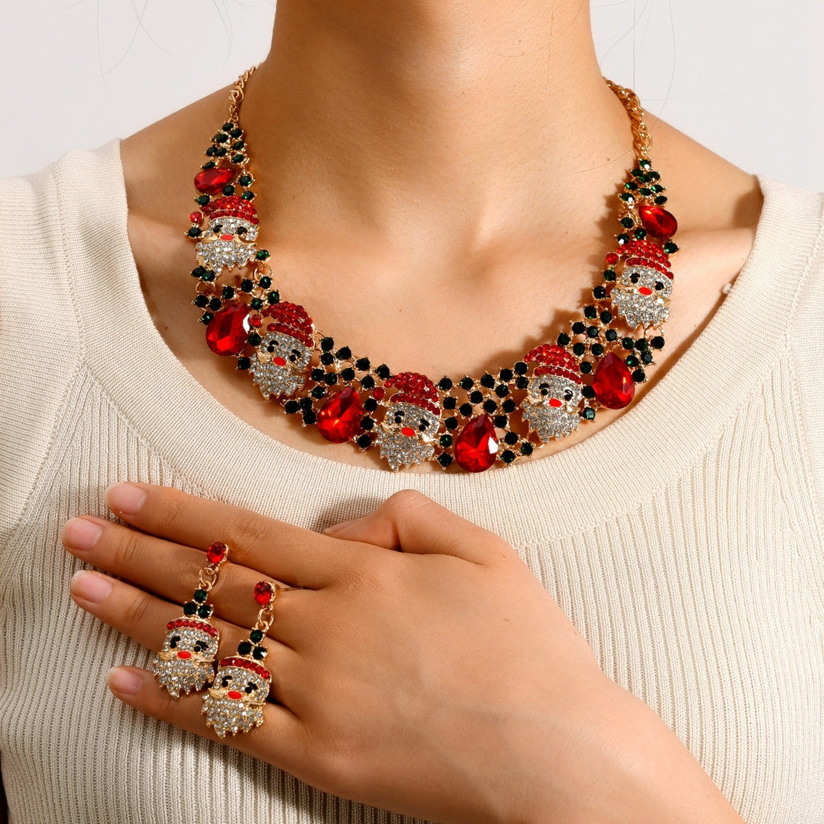 Christmas Santa Claus Rhinestone Collar Necklace & Dangle Post Earrings Set