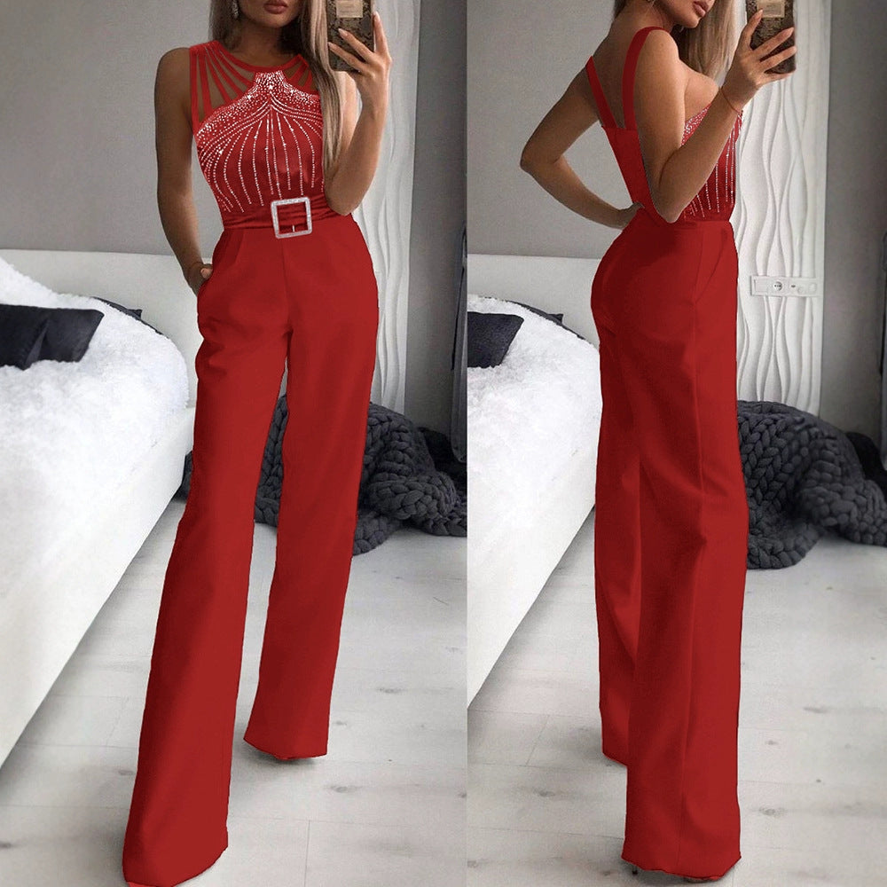 European And American-style Rhinestone-embellished Sexy Strapless Sleeveless Waist-cinching Jumpsuit