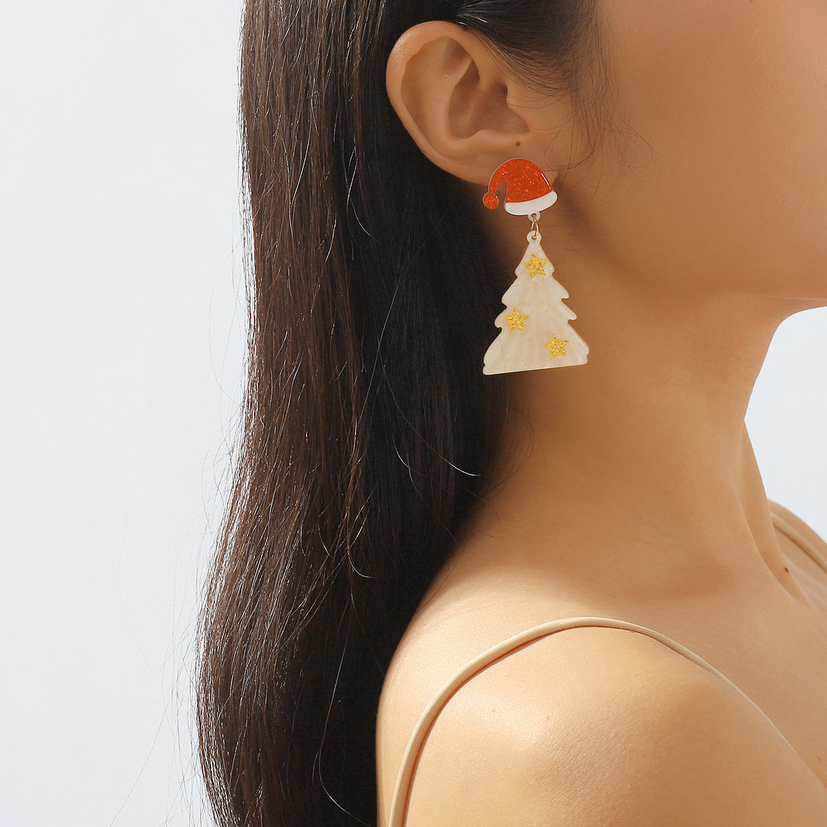 Festive Christmas Tree Dangle Drop Earrings with Santa Hat Stud