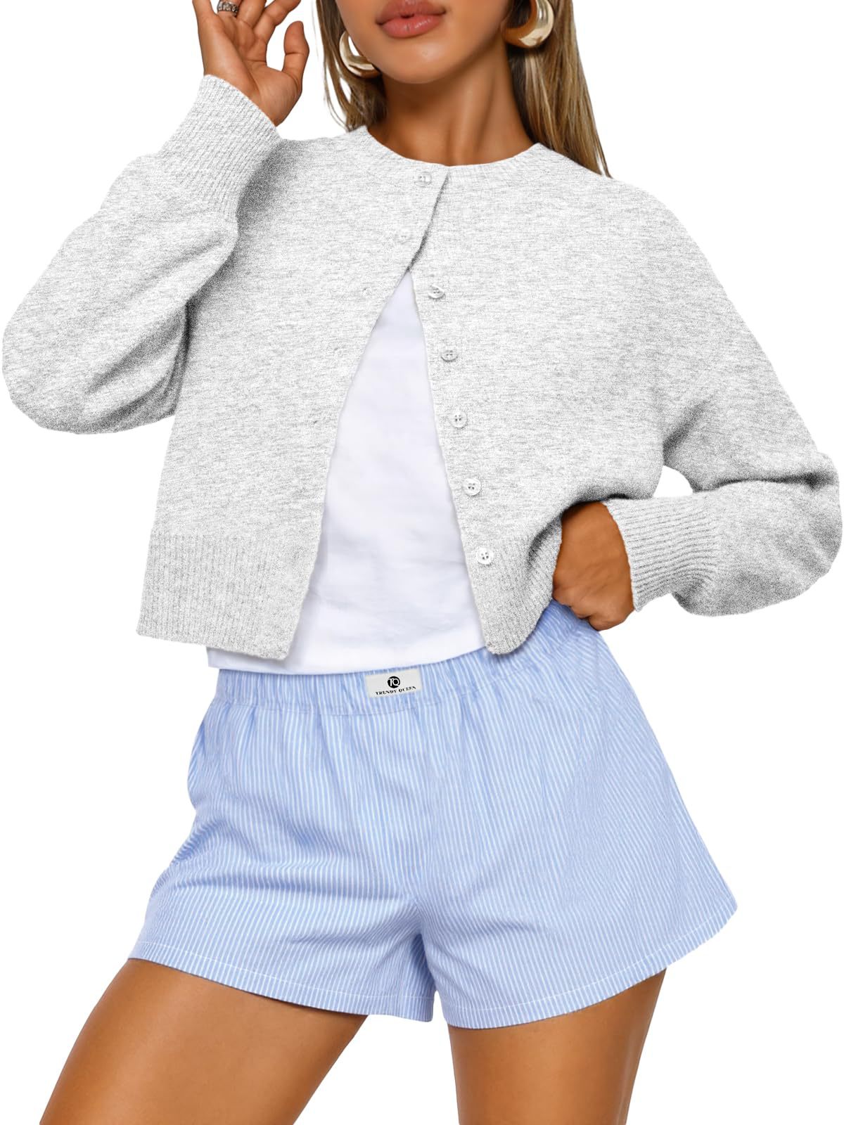 Buttoned Long-sleeve Crew-neck Solid-color Cropped Knit Sweater