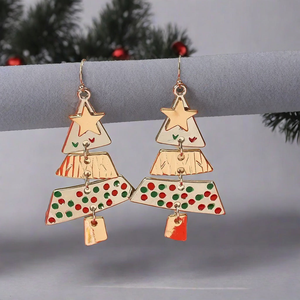 Festive Triple Tier Christmas Tree Dangle Earrings and Pendant Necklace Set