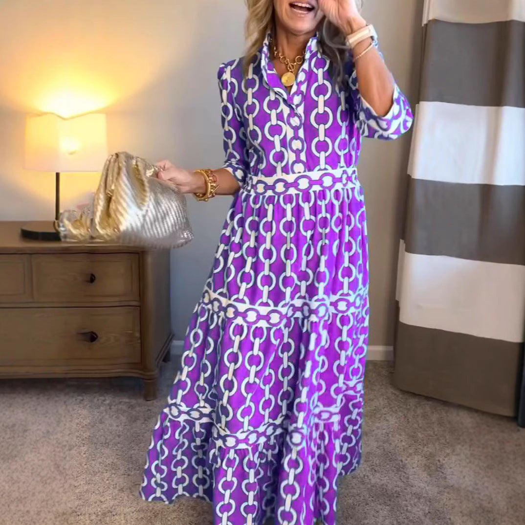 Geometrisches Druckmaxikleid mit runden Hals für Frühling und Sommer
