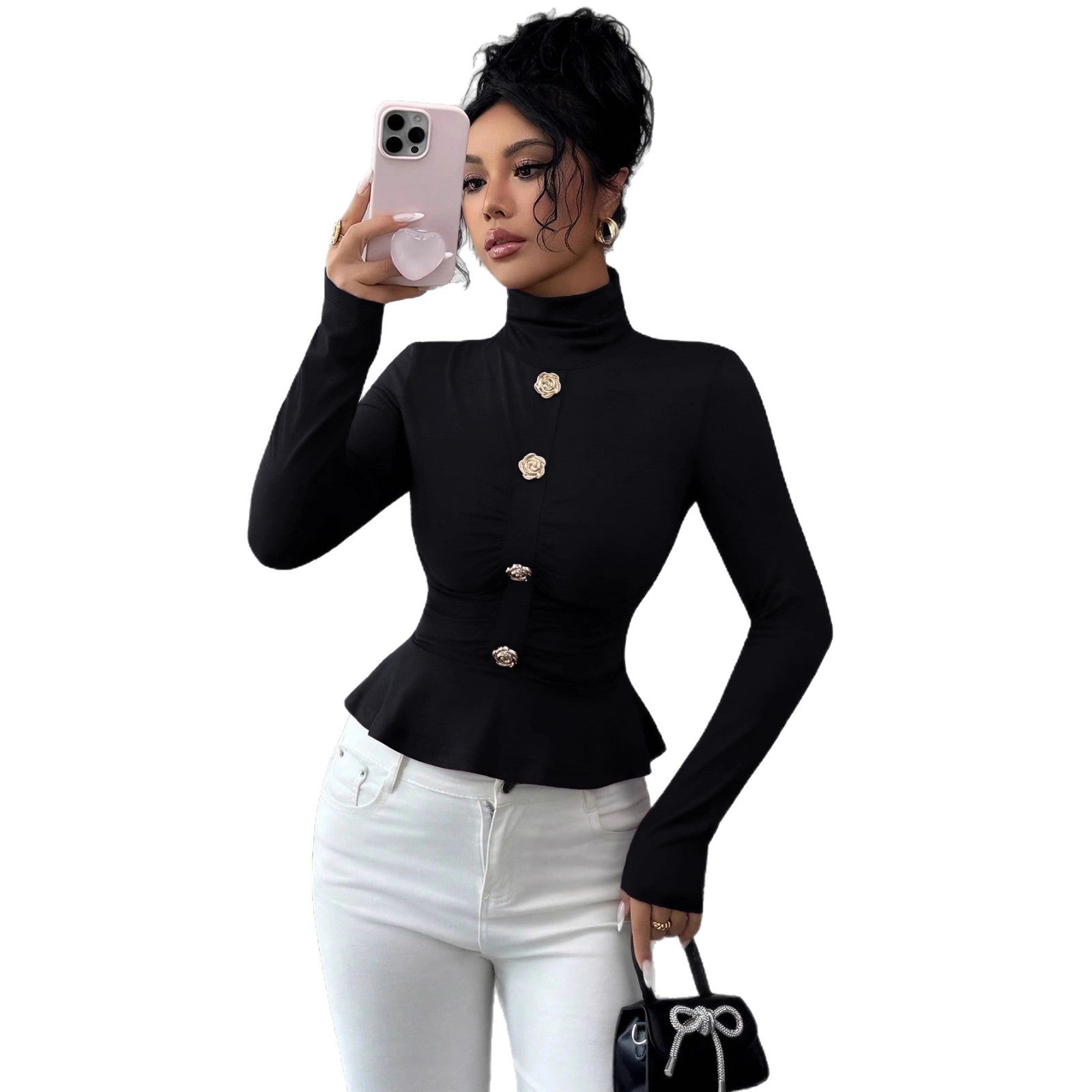 New Autumnwinter High-neck Pleated Top With A Figure-flattering Design