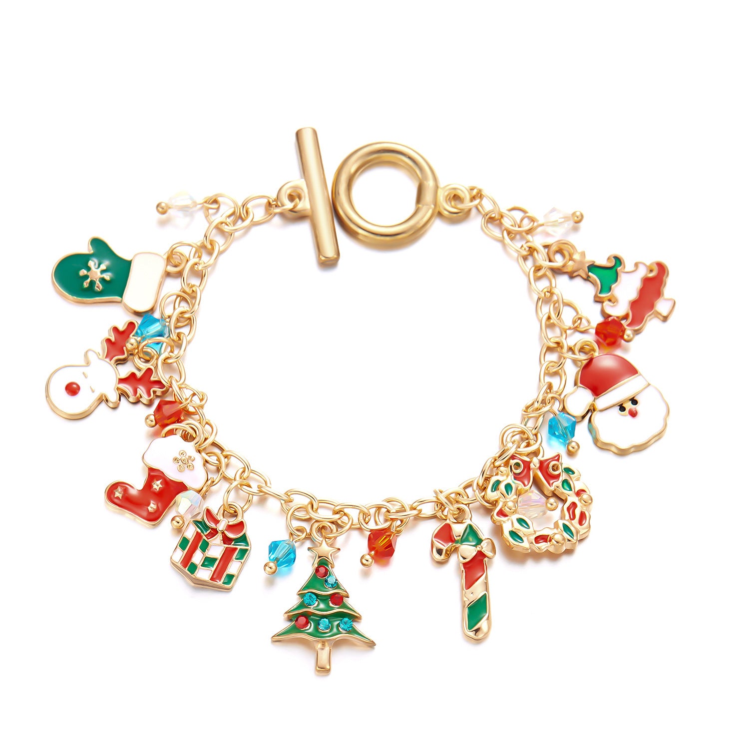 Christmas Rhinestone-Accent Enameled Toggle-Clasp Women's Charm Bracelet in Assorted Styles