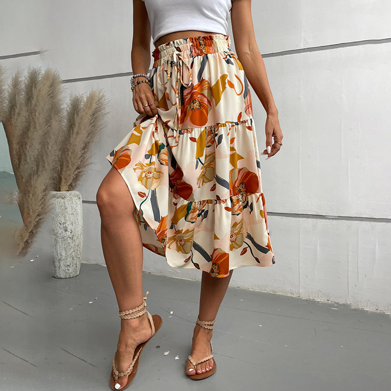 Floral Tiered Midi Skirt With Elastic Waist For Boho Charm