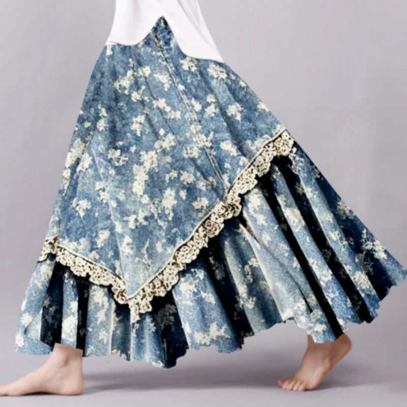 Vintage Floral Lace Patchwork Midi Skirt For Artistic Style