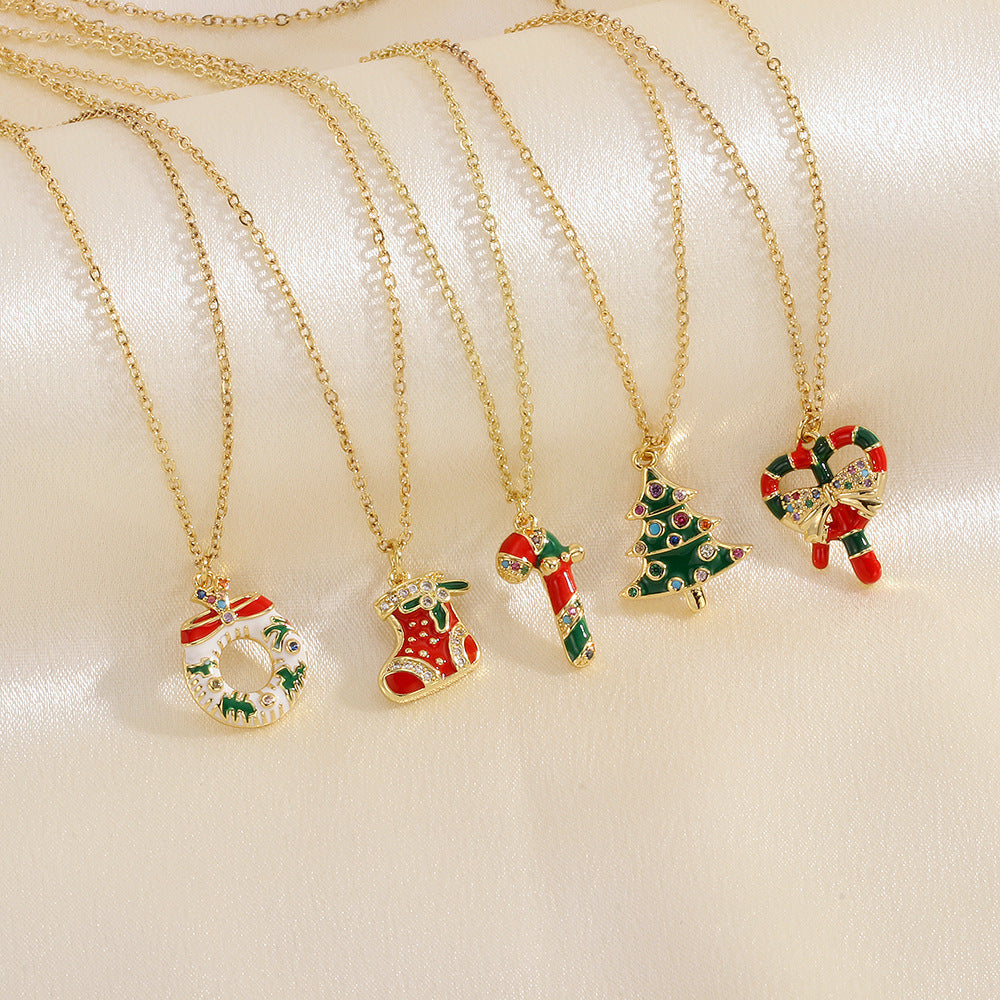 Gold-Tone Christmas Enamel & Rhinestone Chain Pendant Necklace in Assorted Styles