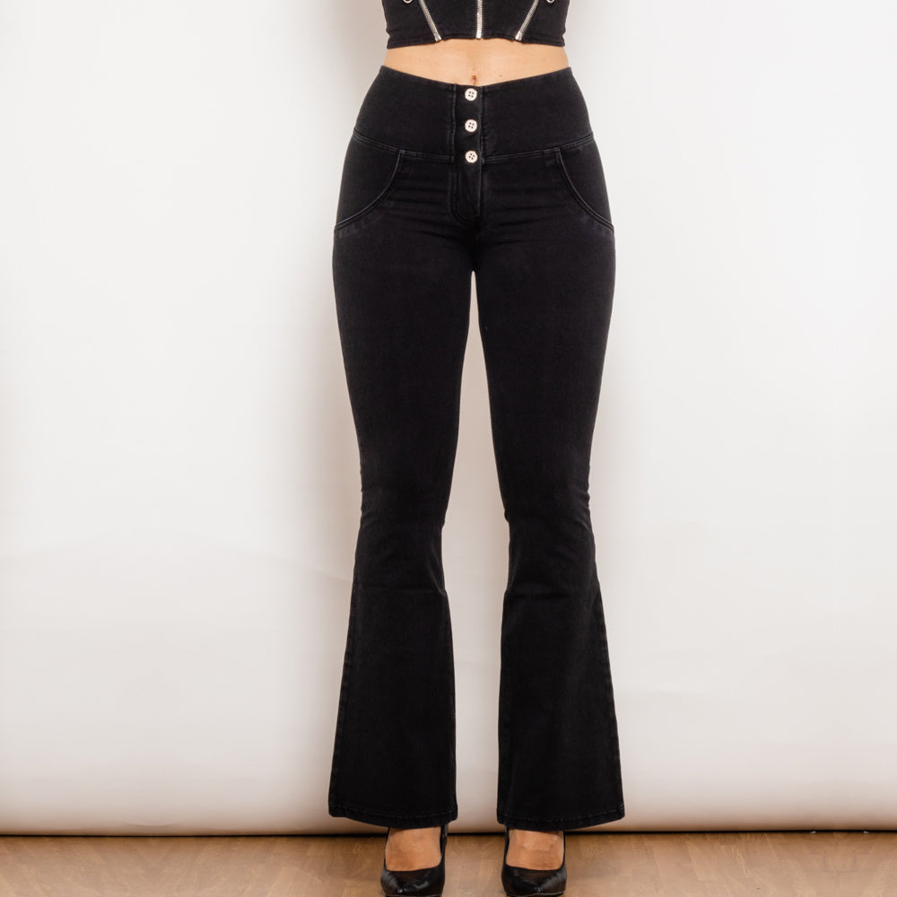 Button-up Jeans de cintura alta com suporte de flexão