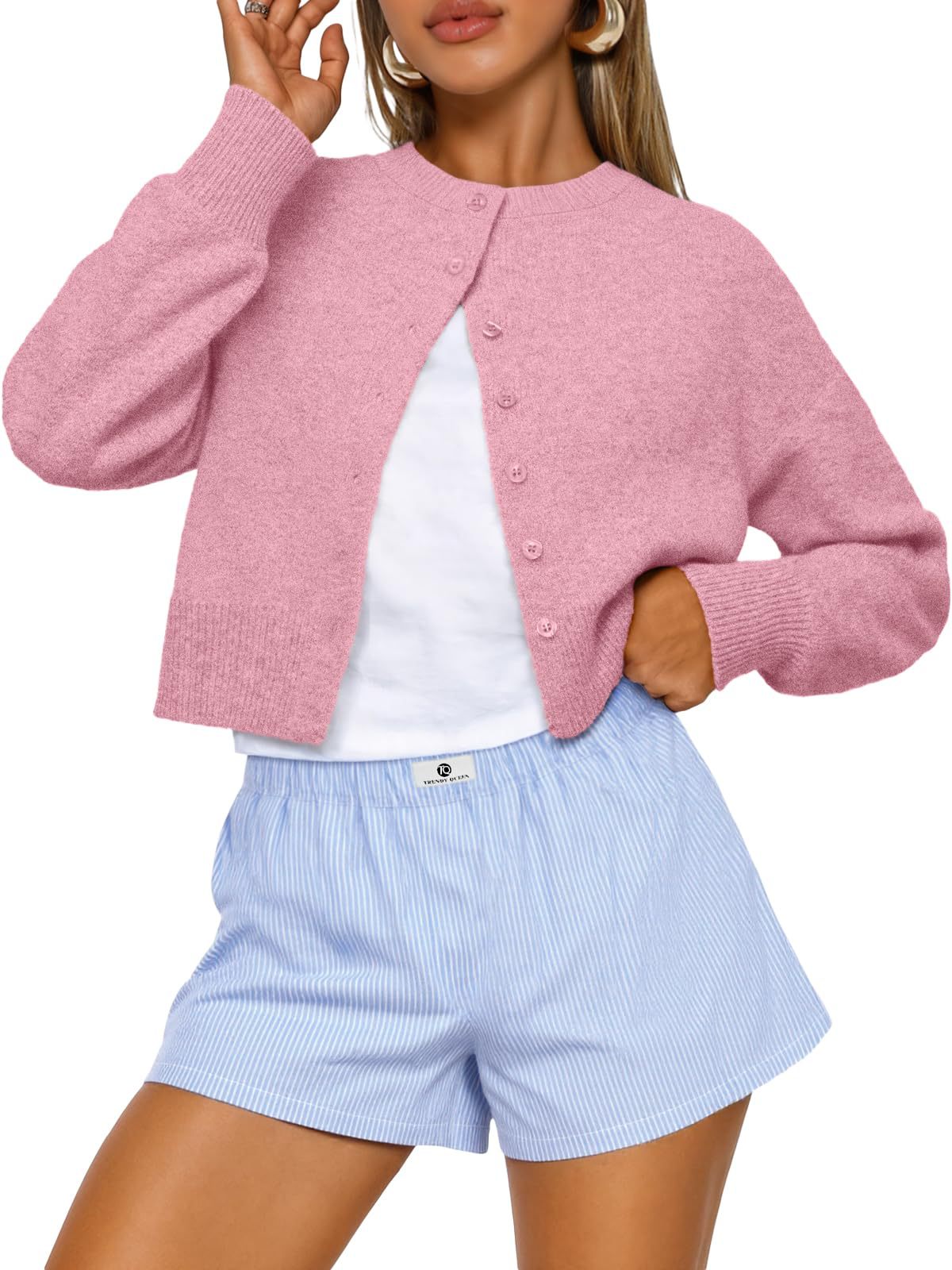 Buttoned Long-sleeve Crew-neck Solid-color Cropped Knit Sweater