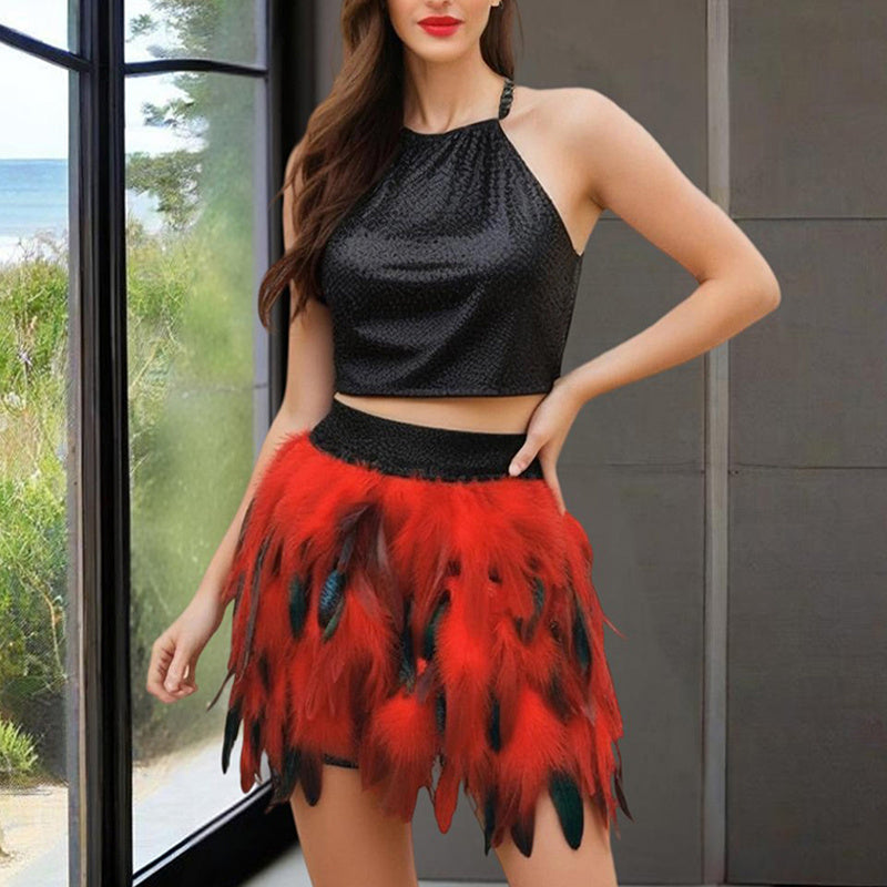 Faux Feather Asymmetrical Mini Skirt For Statement Nights