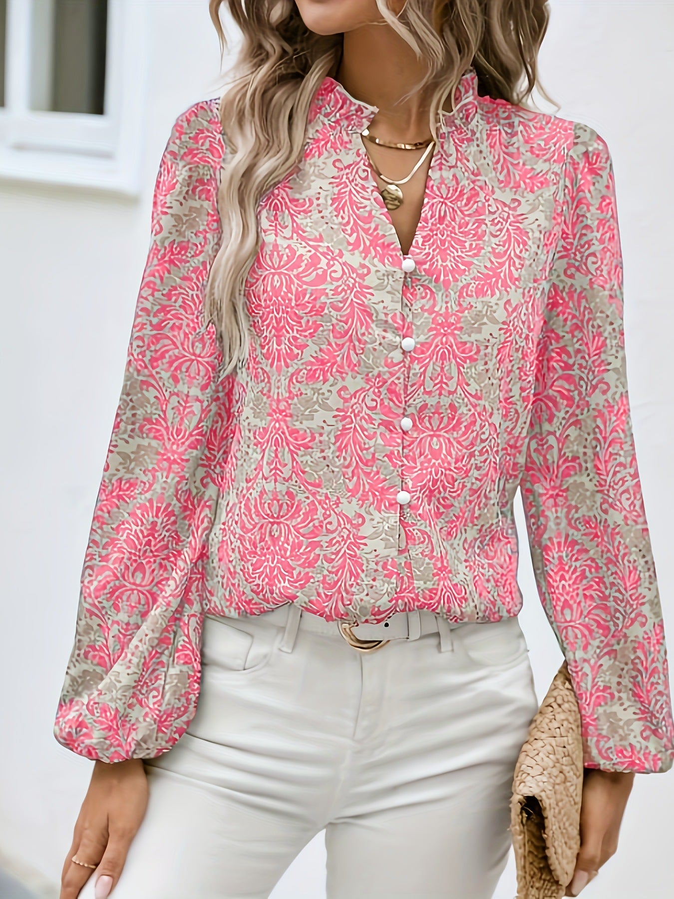 Full Print Lantern Sleeve Ruffled Trim Shirt