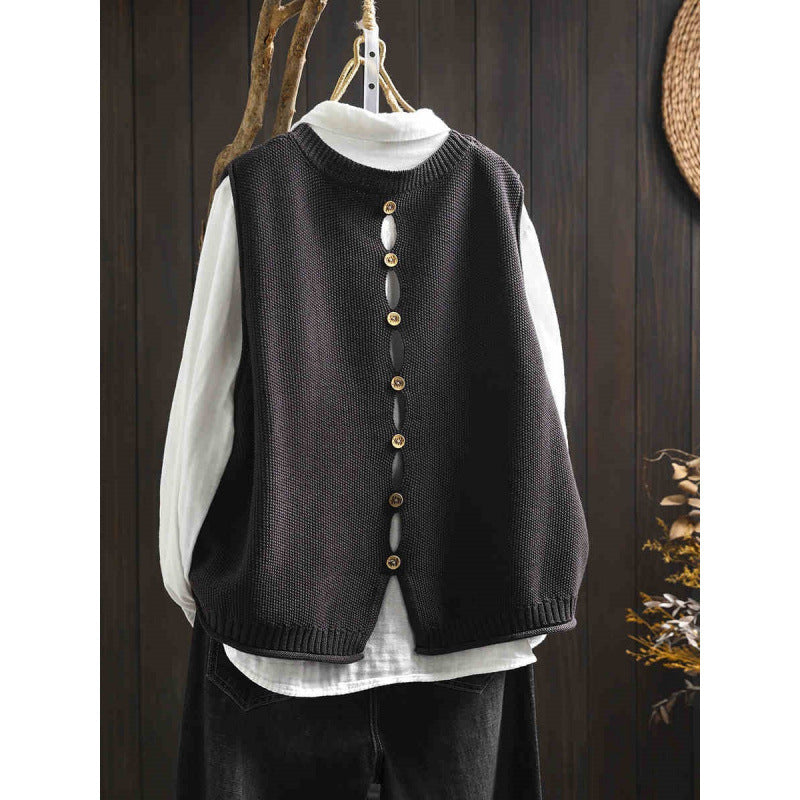 Back Buttoned Cotton Thread Knitted Vest Women