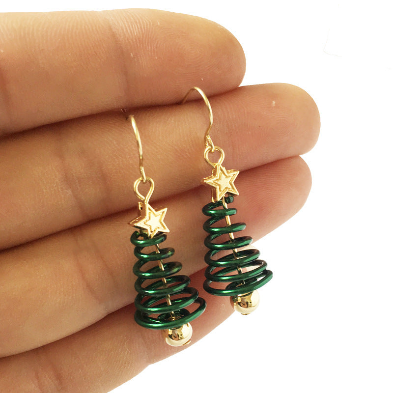 Festive Spiral Christmas Tree Drop Earrings with Golden Stud