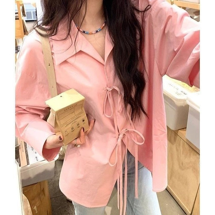 Laid-back Style Bow-Tied Long-Sleeve Shirt