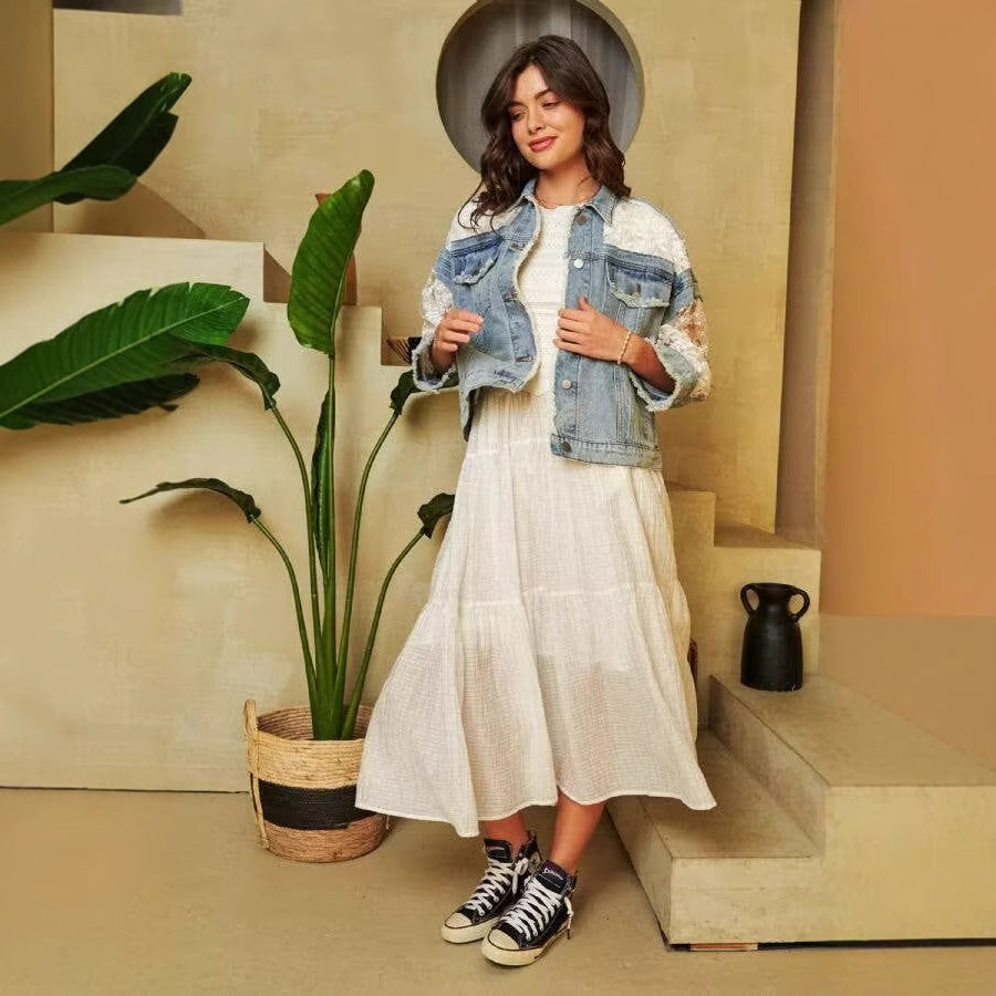 Hole Patched Light Blue Denim Jacket For Women