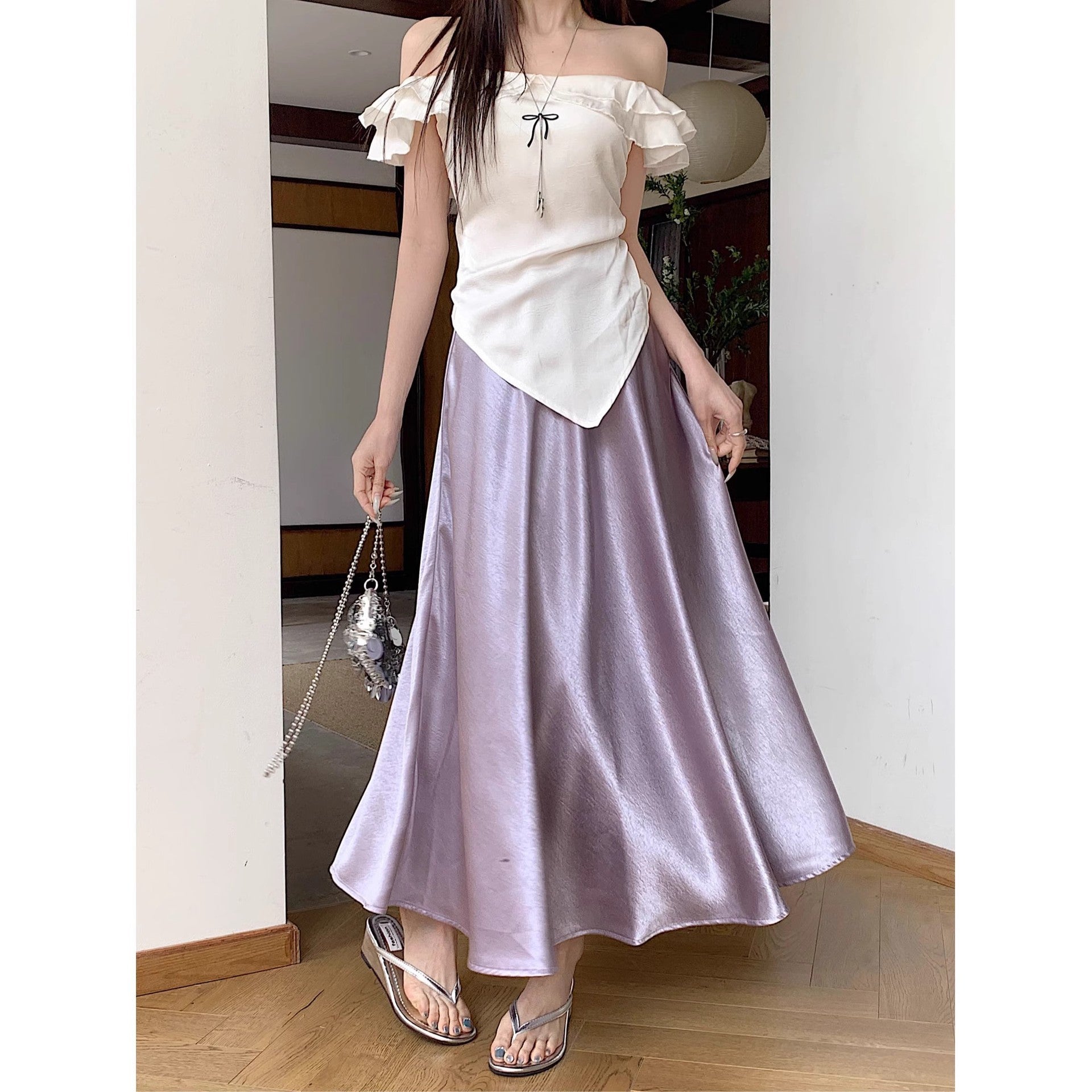 Acetate Satin Draped Skirt For Casual Versatile Styling