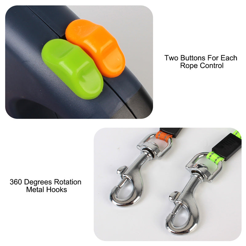 Retractable Reflective Dual Dog Leash With LED Lights