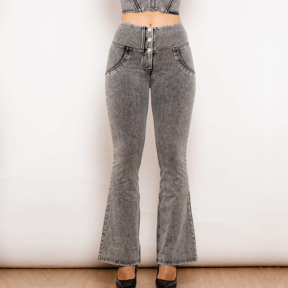 Button-up Jeans de cintura alta com suporte de flexão
