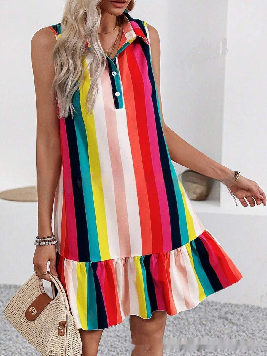 Sleeveless Shirt Dress with Button Detail and Classic Collar