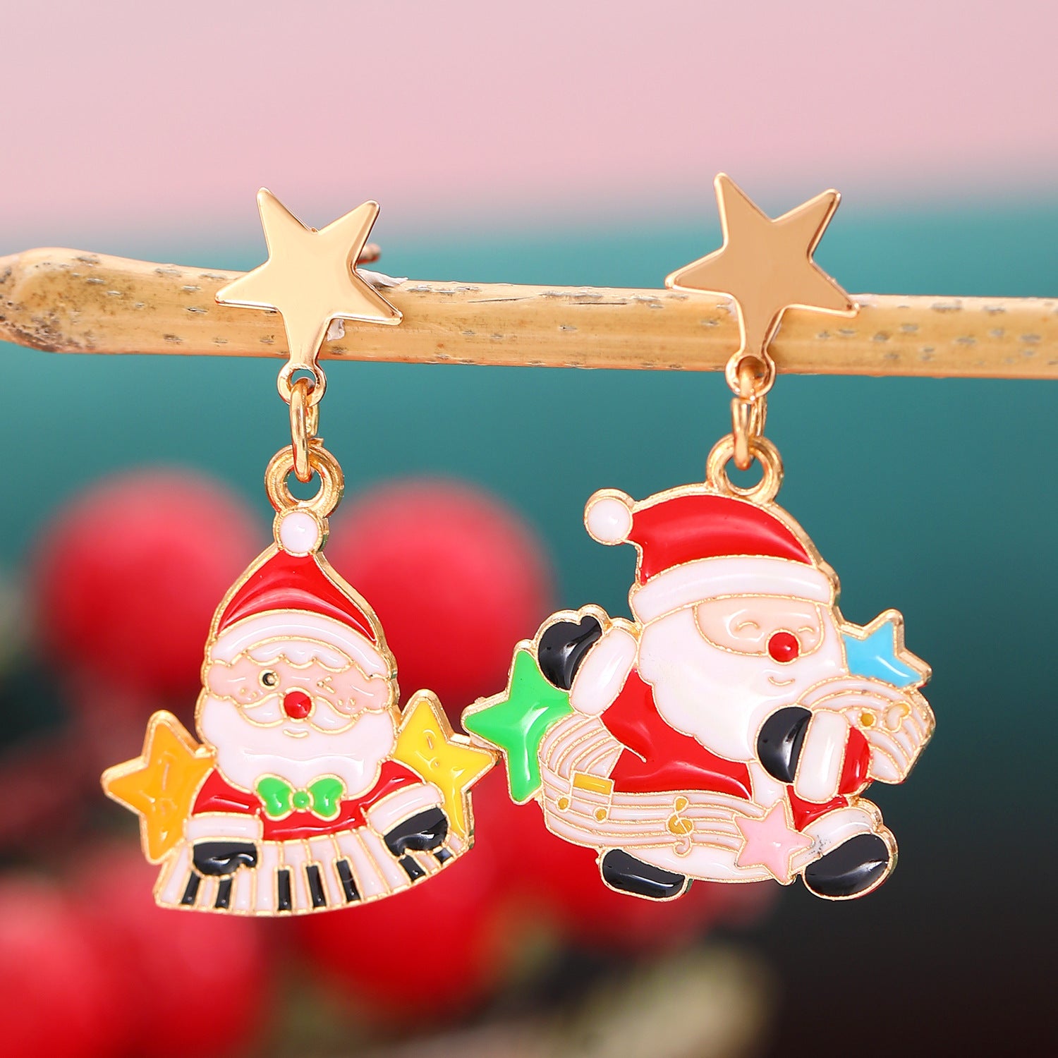 Whimsical Enamel and Metal Stud Back Christmas Themed Drop Earrings