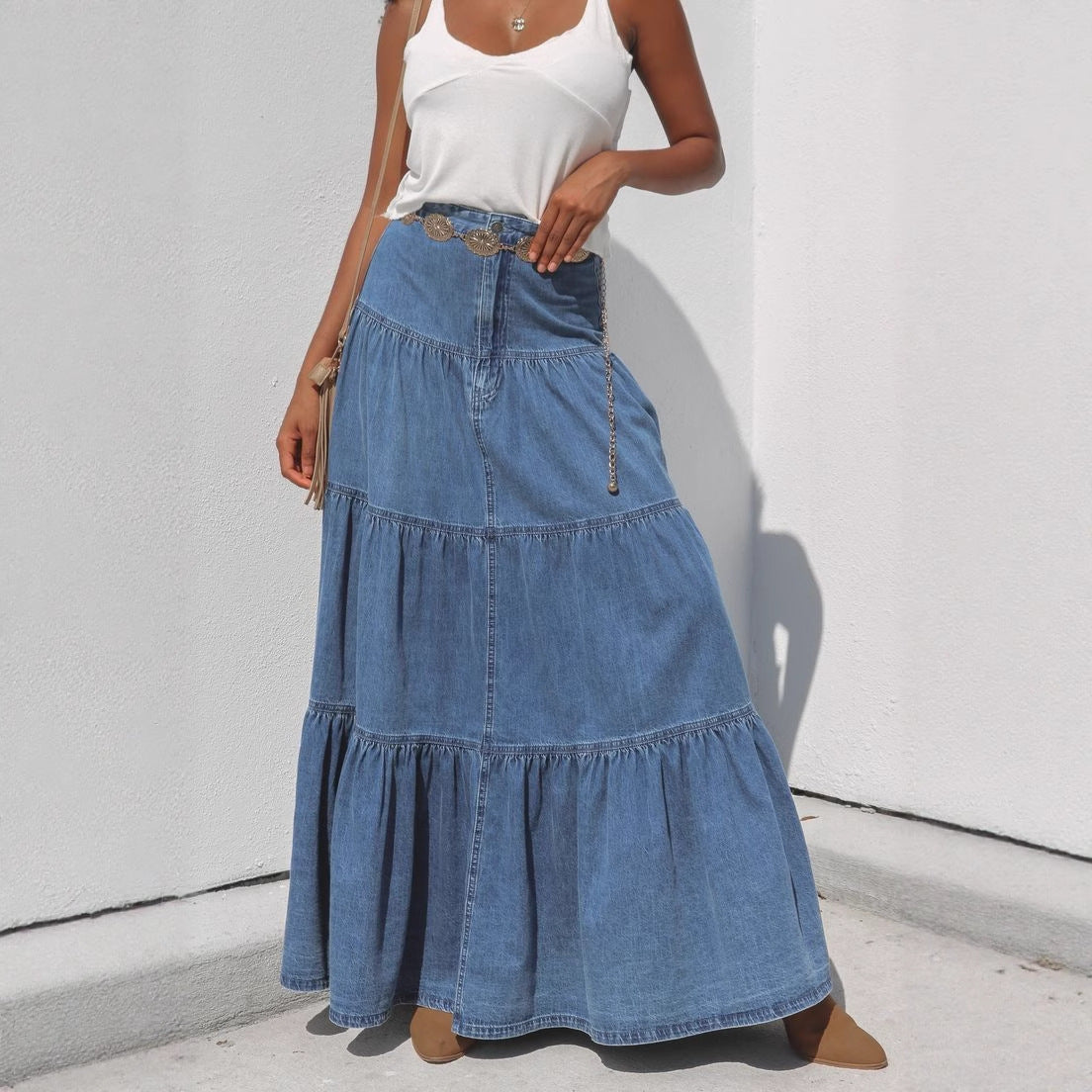 Low Waist Distressed Denim Skirt For Laid Back Vacations