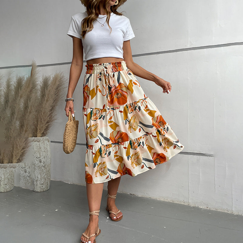 Floral Tiered Midi Skirt With Elastic Waist For Boho Charm