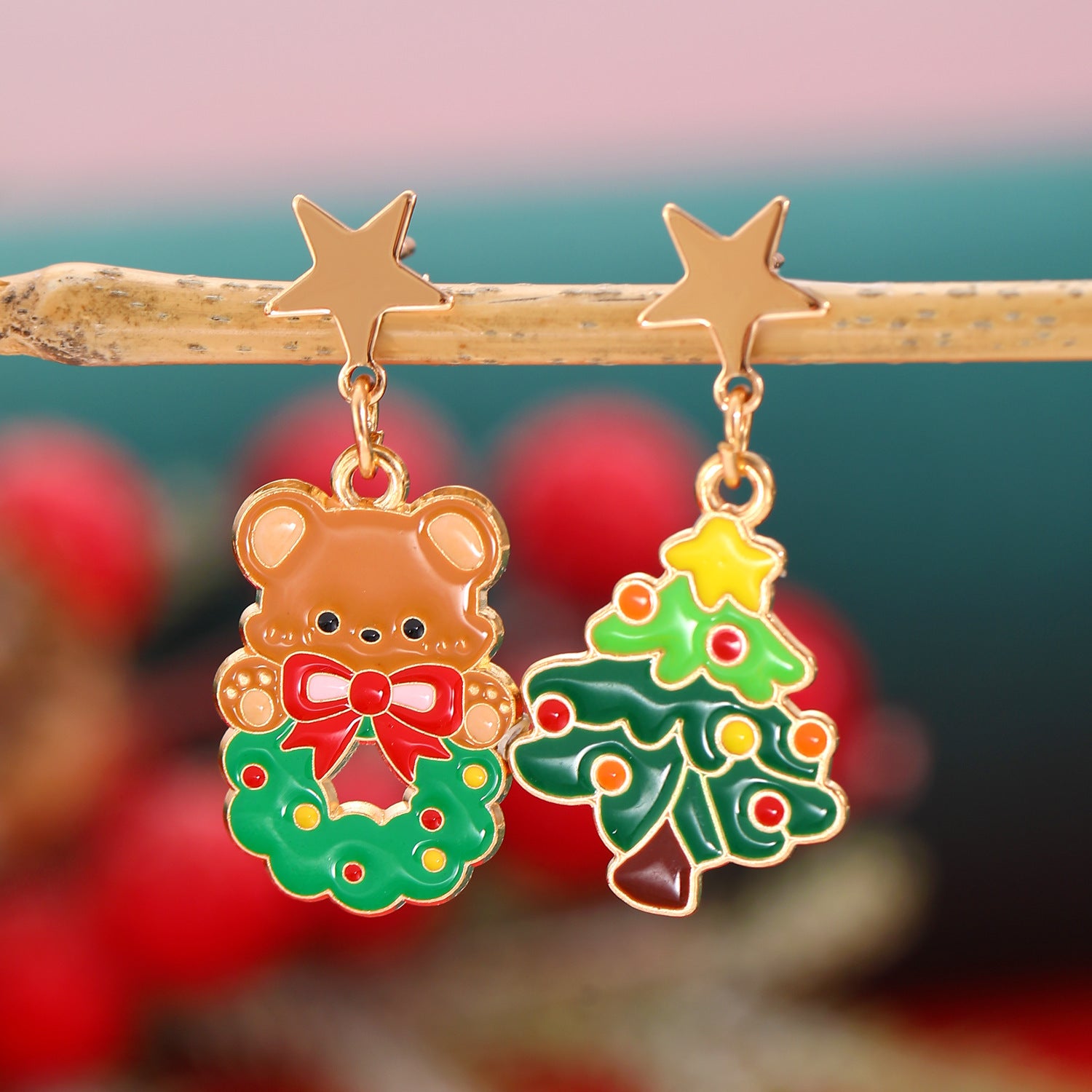 Whimsical Enamel and Metal Stud Back Christmas Themed Drop Earrings