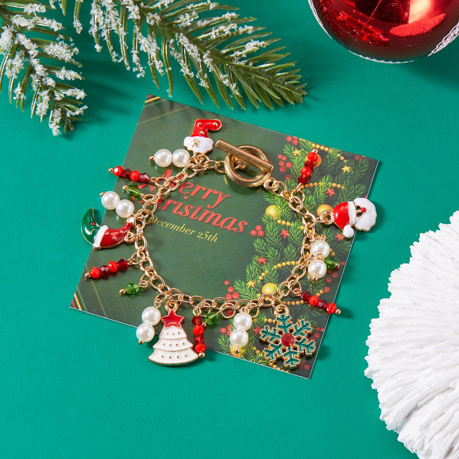 Christmas Rhinestone-Accent Enameled Toggle-Clasp Women's Charm Bracelet in Assorted Styles