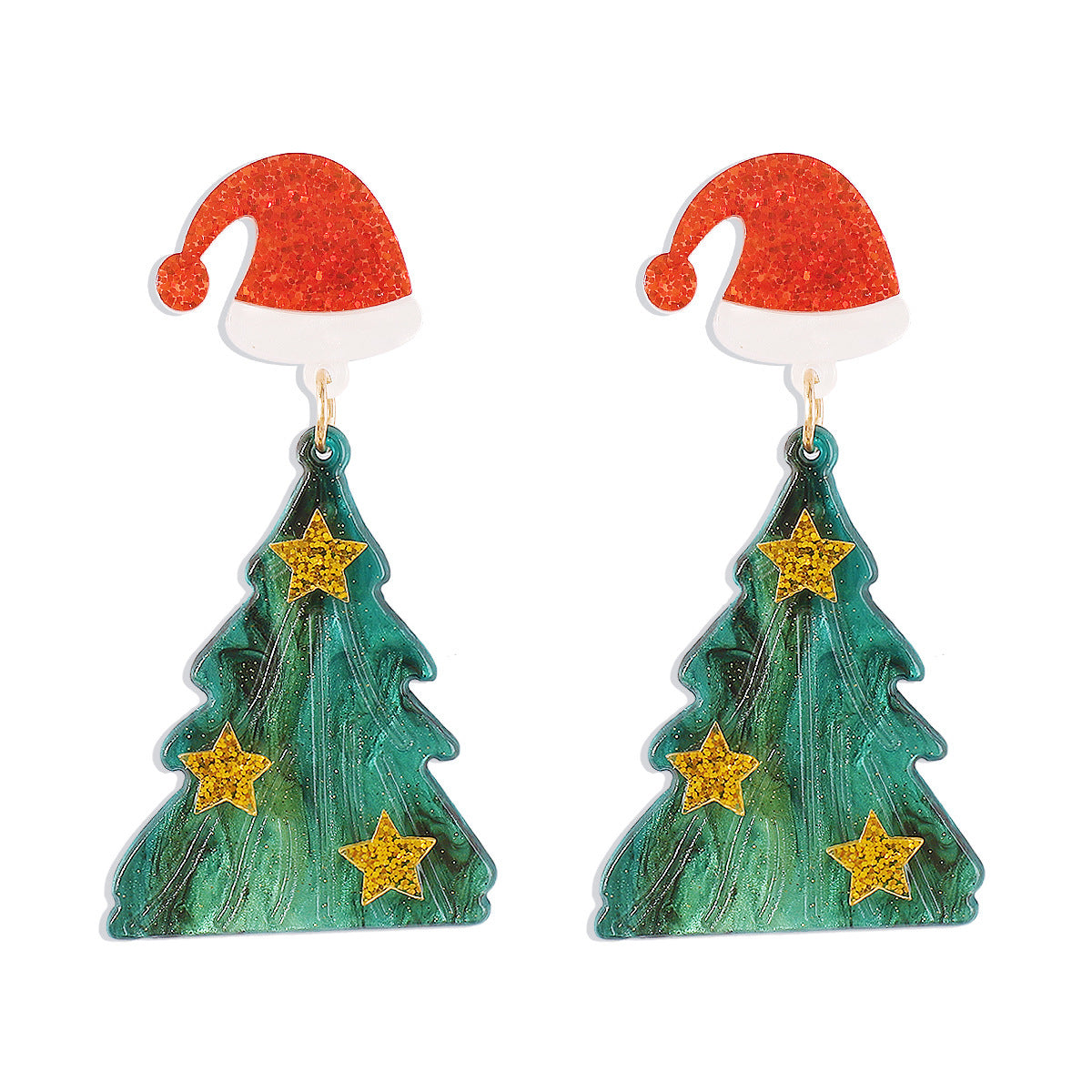 Festive Christmas Tree Dangle Drop Earrings with Santa Hat Stud