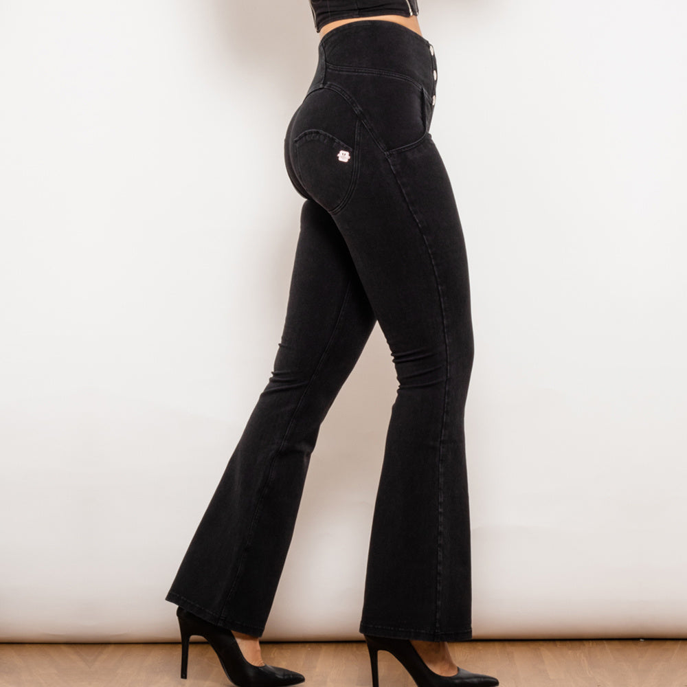 Button-up Jeans de cintura alta com suporte de flexão