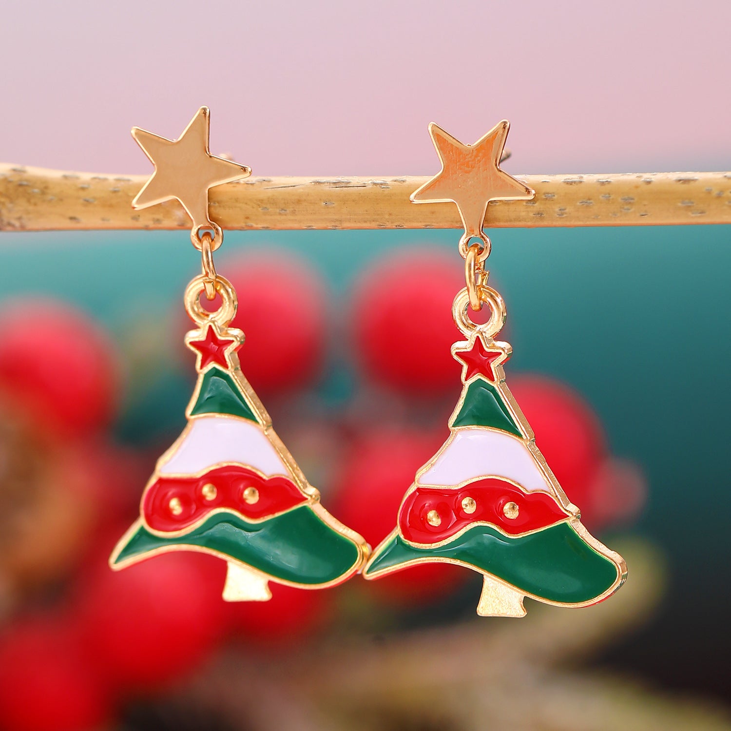 Whimsical Enamel and Metal Stud Back Christmas Themed Drop Earrings