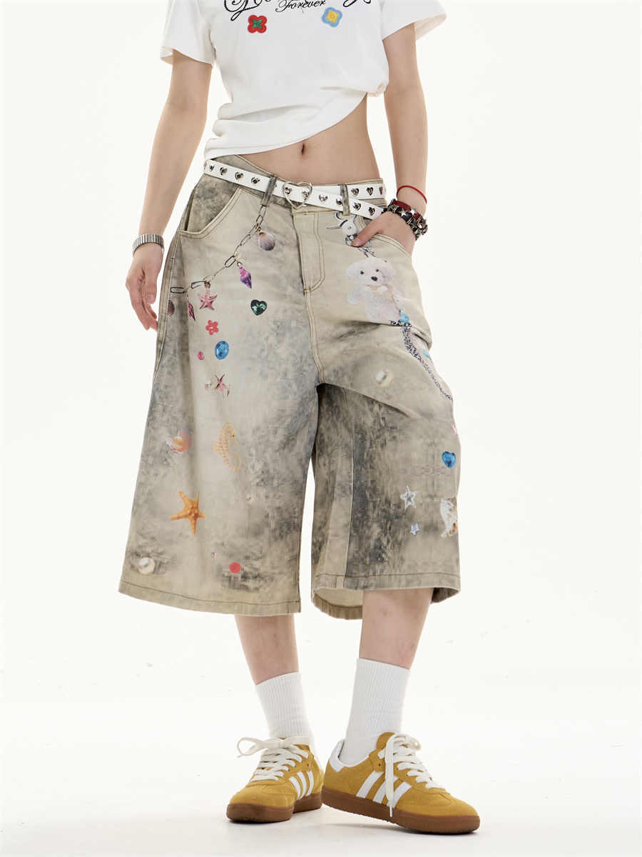 Creative Cropped Wide-Leg Jeans with Printed Art Flourish