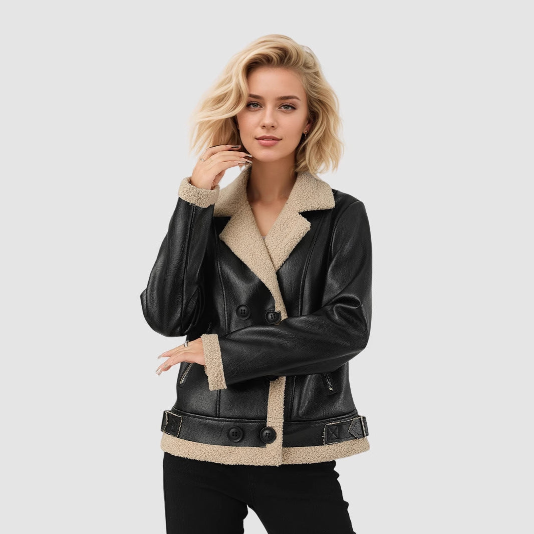 Fleece Padded PU Leather Belted Commuter Coat For Women