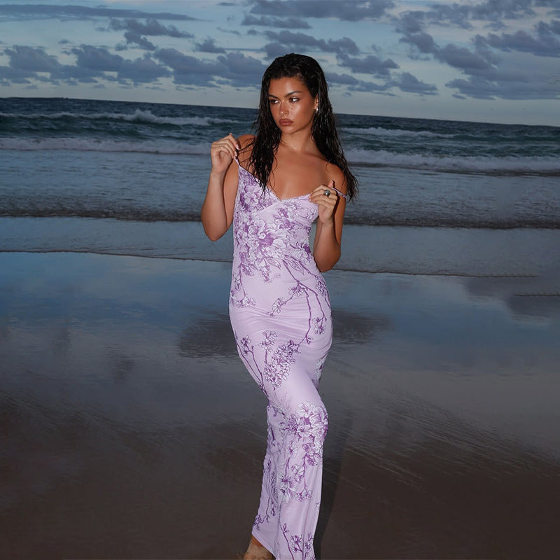 Elegant V-Neck Purple Print Bodycon Dress for Evening Parties
