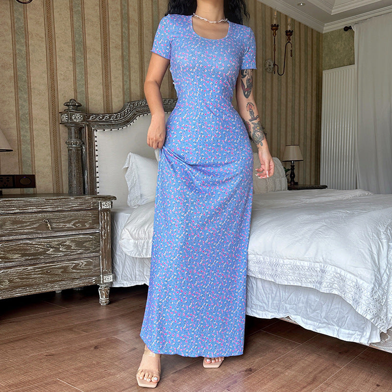 Chic U-Neck-gedrucktes Kleid mit Rücken- und Kurzärärmeln