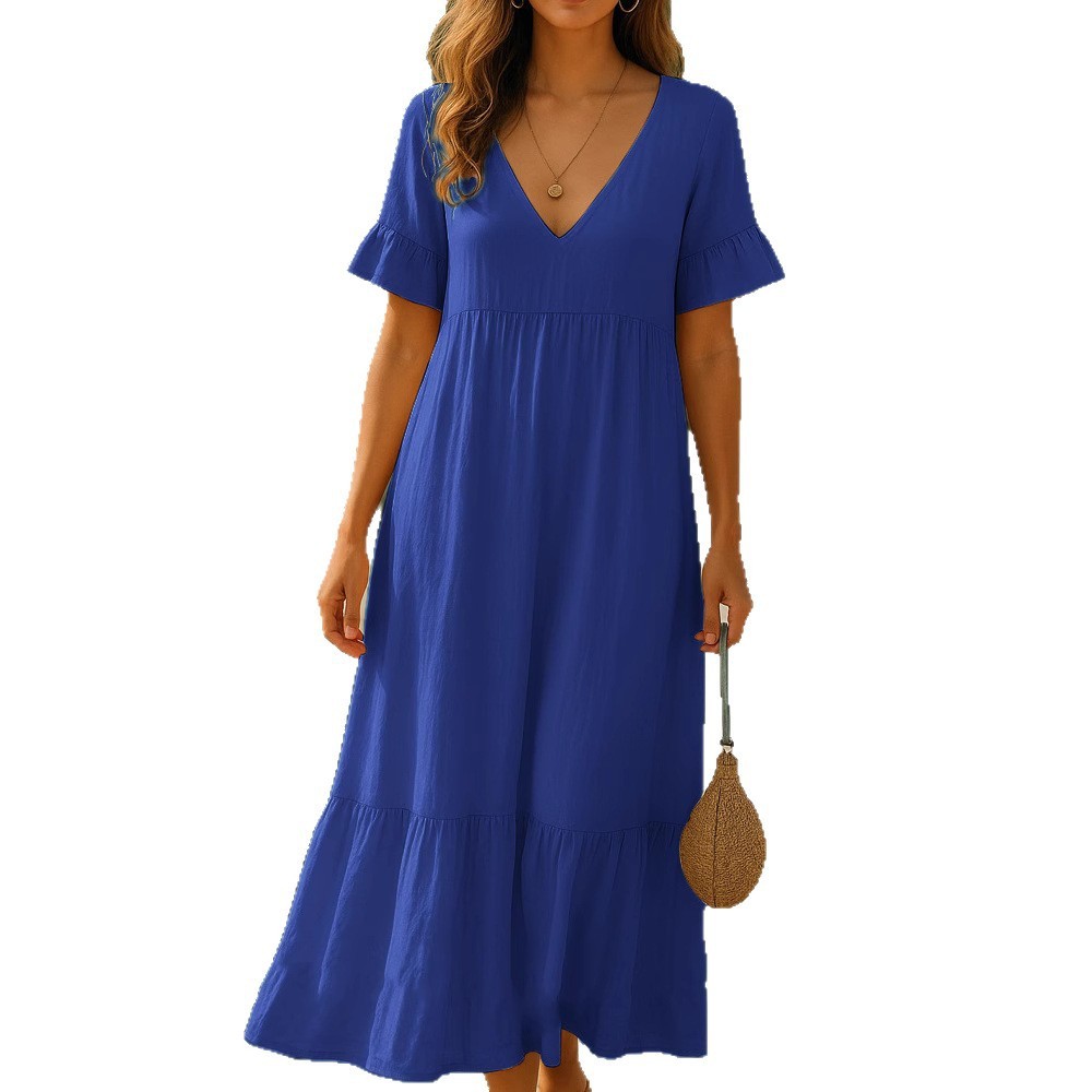 Vestido de cor sólido de pescoço em V com detalhes em costura multicolorida
