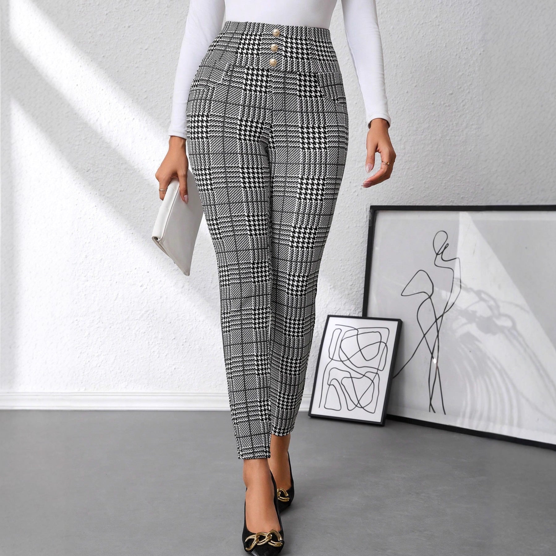 Women's Check Print Button Embellished High-waist Slim-fit Knit Pants