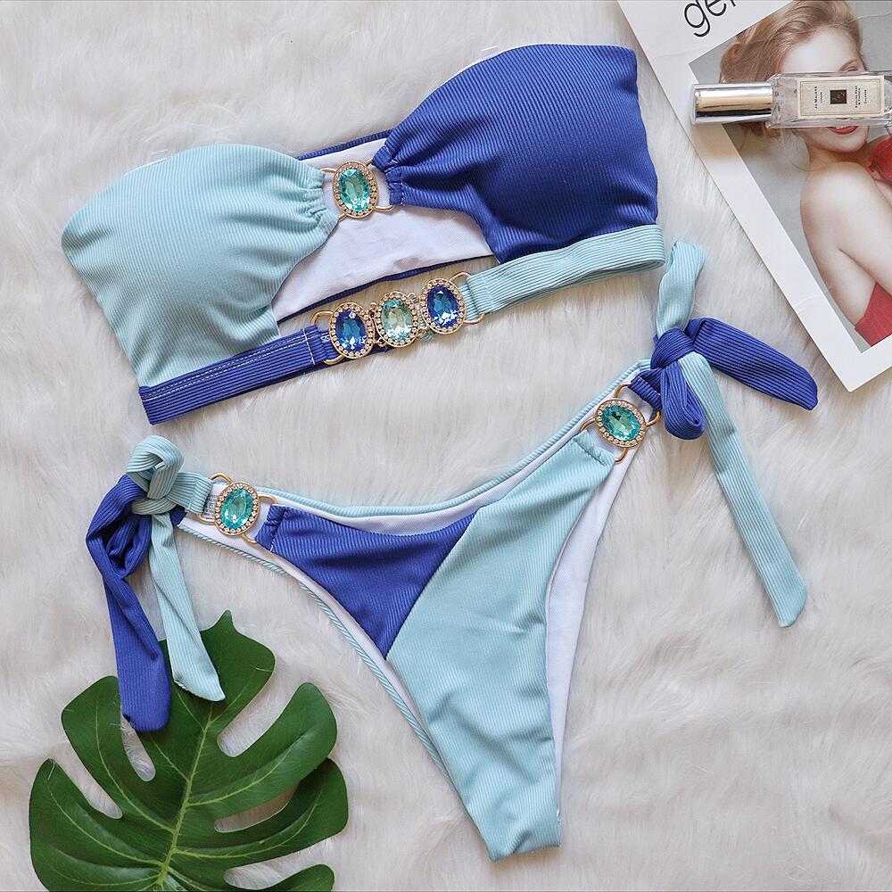 Crystal Diamond Bikini with Detachable Chest Pad for Elegance