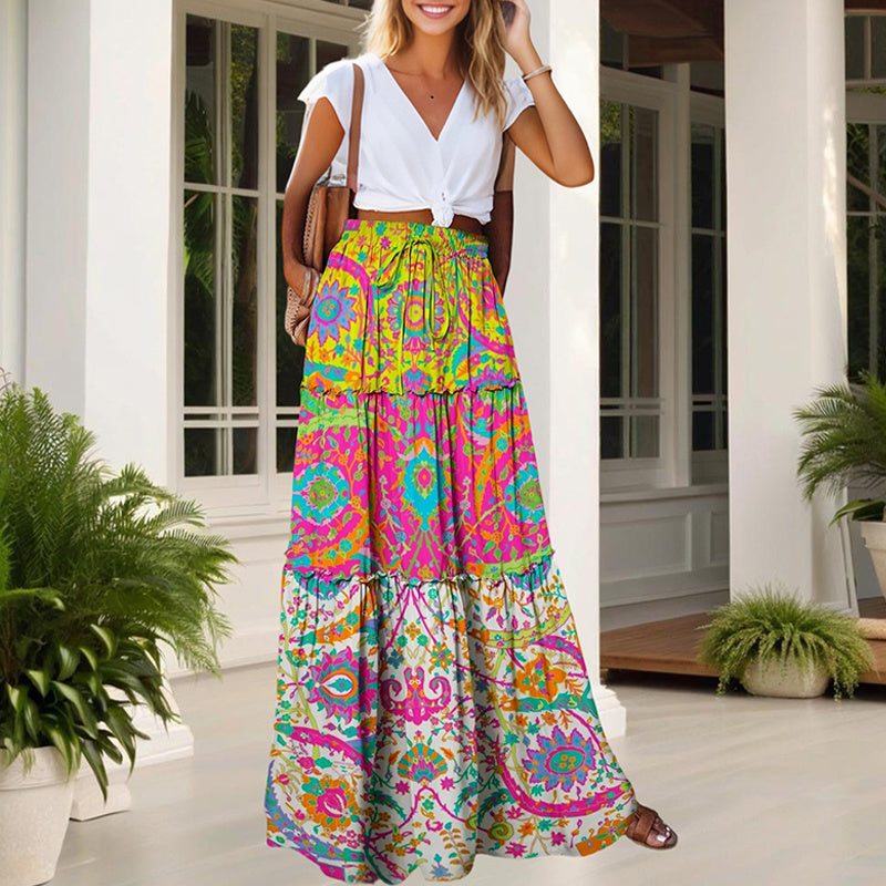 Color Block Floral Maxi Skirt With Elastic Drawstring Waist