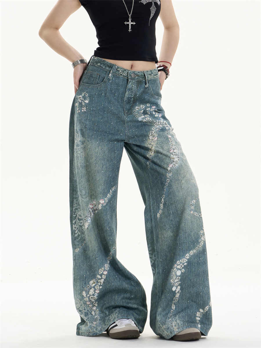 Jeans de perna larga com estampa de bowknot lindos com torção feminina