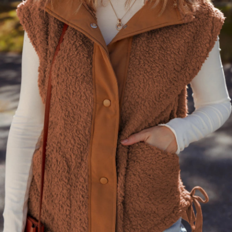 Cinnamon Faux Fur Snap-front Knot Side Plush Vest With Pockets