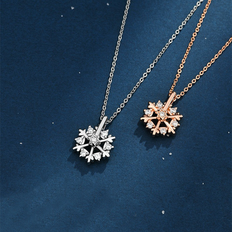 925 SIlver Glamorous Rhinestone Spinning Snowflake Women's Chain Pendant Necklace in Assorted Finishes-Theone Apparel