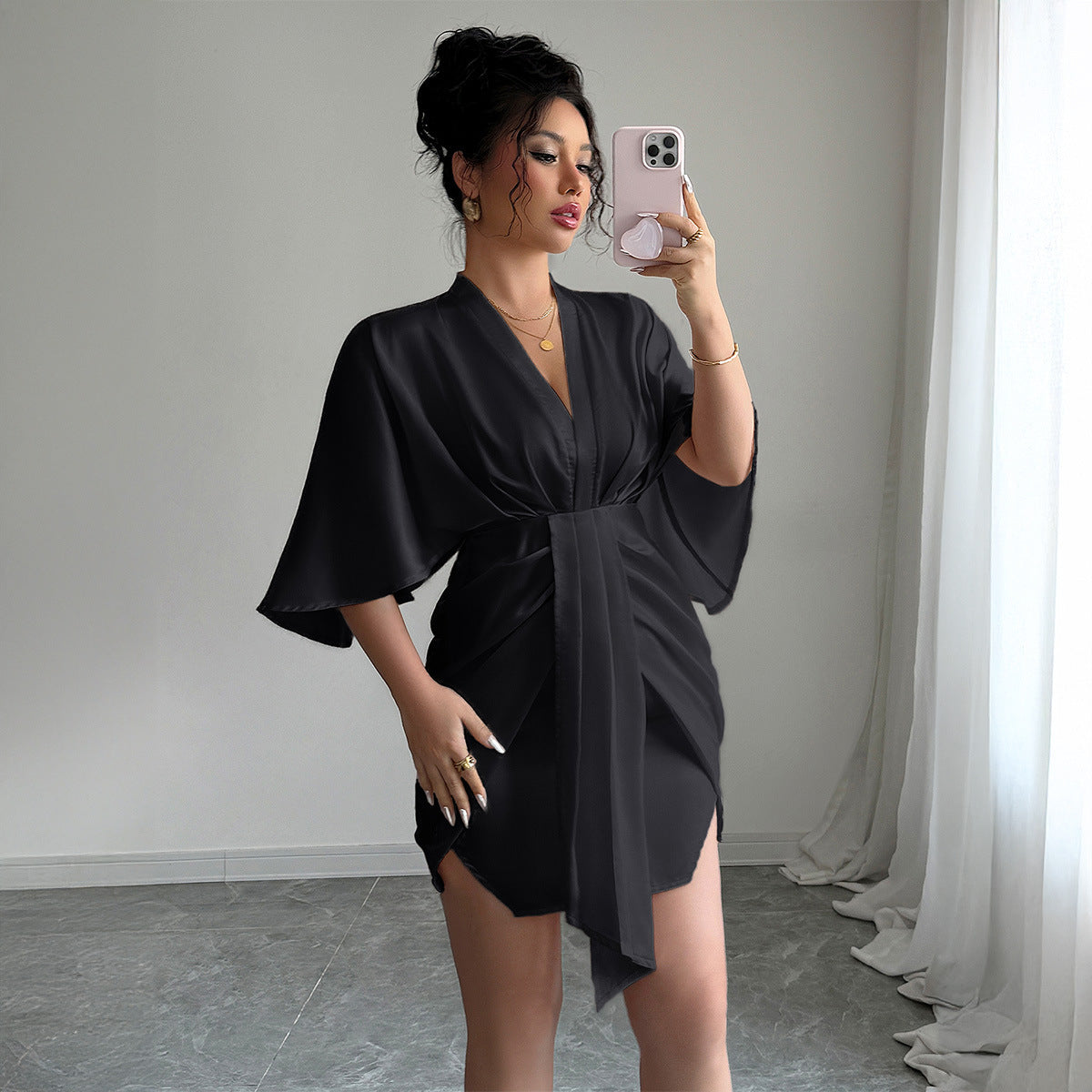 Robe de jupe de hanche profonde V-Waist avec drame à manches larges