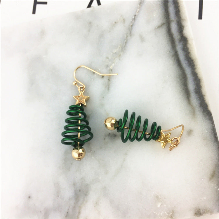 Festive Spiral Christmas Tree Drop Earrings with Golden Stud
