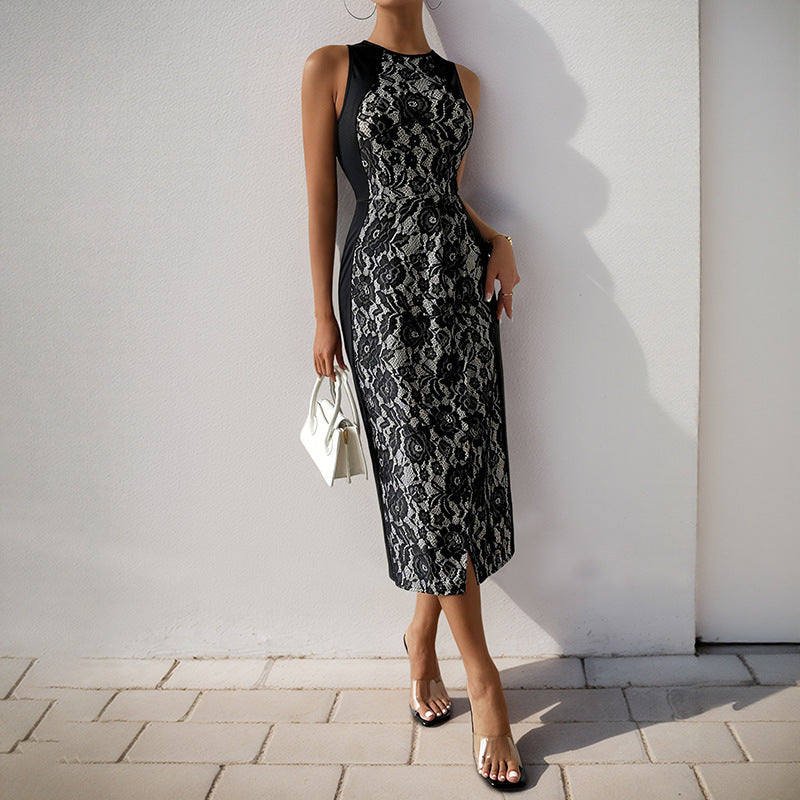 Sleek High-Waist Printed Sleeveless Dress with Flattering Effortless Elegance