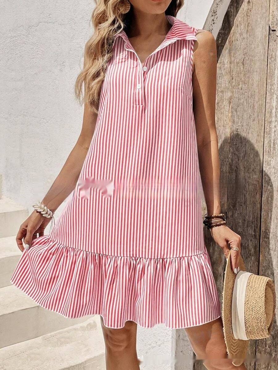 Sleeveless Shirt Dress with Button Detail and Classic Collar