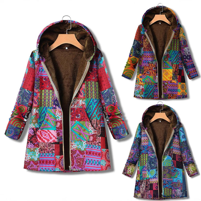 Retro Warm Printed Pocket Thick Zippered Hooded Coat